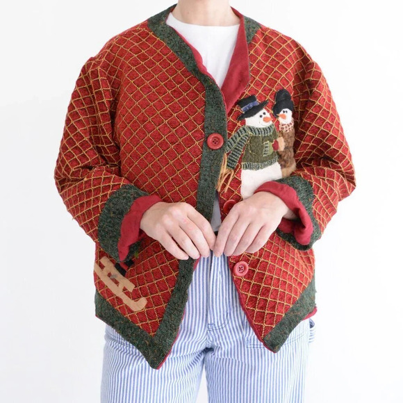 Red & Green Holiday Festive Snowman Button Up Cardigan Jacket Ugly Christmas M - Picture 2 of 11